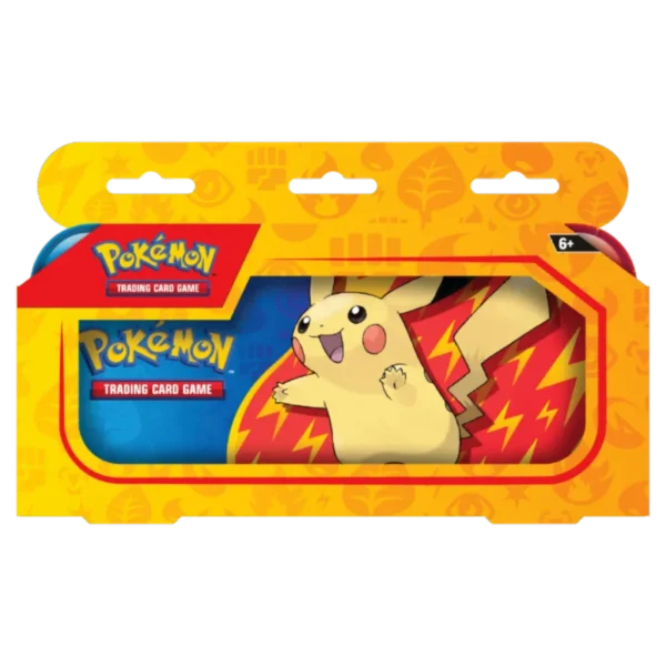 Pokemon TCG Metalowy piórnik z serii Back To School. Na piórniku Pikachu na niebiesko czerwonym tle.