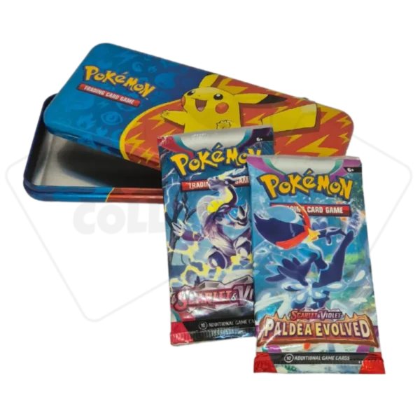 Pokemon TCG Metalowy piórnik. Zawartość produktu to dwa boostery Scarlet and Violet i Paldea Evolved