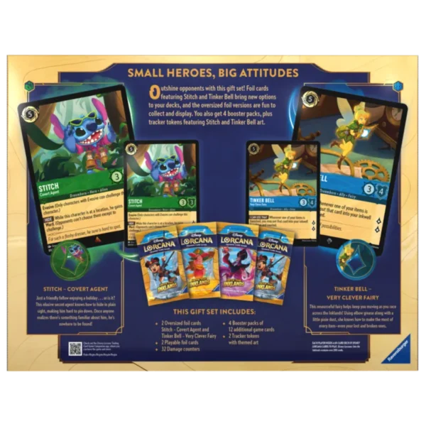 Produkt Disney Lorcana Into The Inklands Gift Set od tyłu. Na tyle produktu opisane i pokazane są wszystkie elementy zestawu